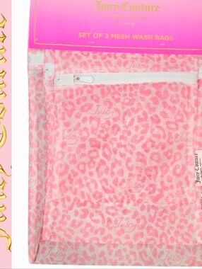 Juicy Couture Home Script Logo Pink Leopord Print Set of 3 Mesh Wash Bags